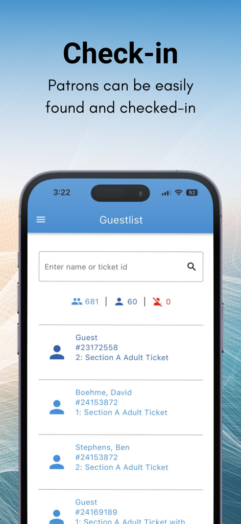 Mobile Event Manager 2.0 - Mobile Event Manager 2.0 App-Oberfläche, die die digitale Gästeliste und die Check-in-Funktion für Eventpersonal zeigt