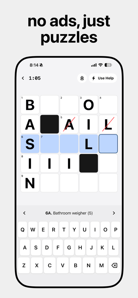 Crossword Chef - Daily Mini - A clean 5x5 daily mini crossword puzzle interface in the Crossword Chef mobile app showing a clue and keyboard