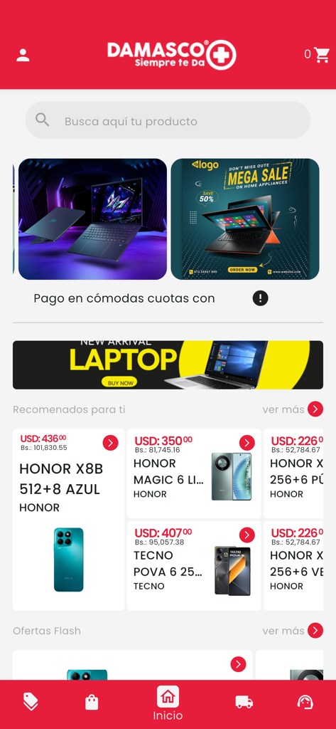 Damasco Ecommerce - Damasco Ecommerce app home screen showing electronics deals and smartphones with prices in USD
