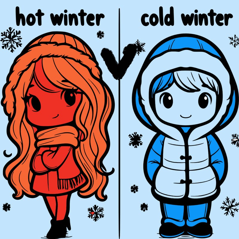 cold vs hot winter hot winter is girl with long hair  cold is a boy both have winter coat