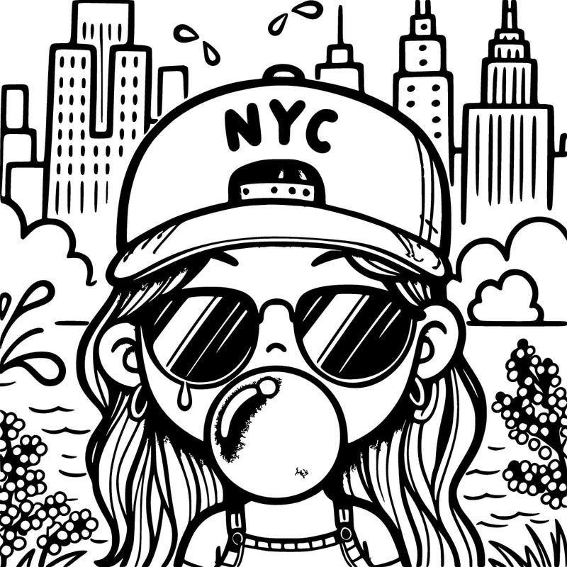 nyc background girl sunglasses and baseball hat chewing bubble gum in the summer time with a water sprinkler running