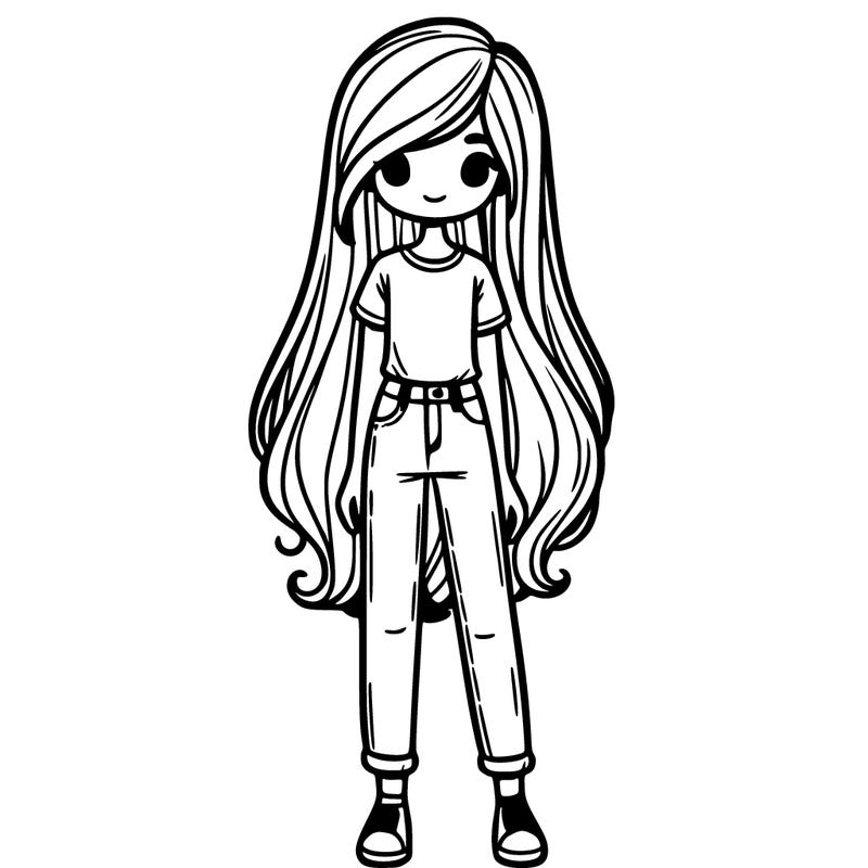 girl with long hair jeans and tshirt