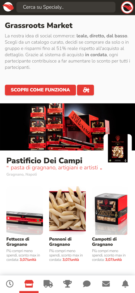 Specialy app interface showing artisanal Gragnano pasta products and group buying discount options in the Grassroots Market