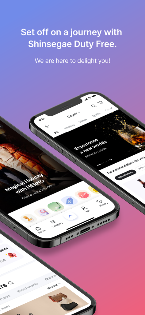 Shinsegae Duty Free - Shinsegae Duty Free mobile app screens showing luxury liquor and fashion shopping categories