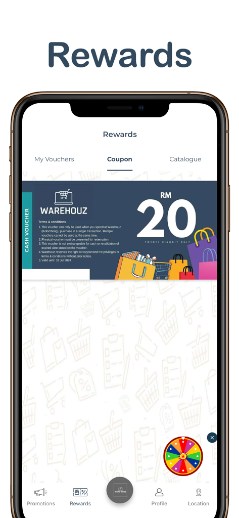 Warehouz Membership app rewards screen showing a digital 20 ringgit cash voucher and a spin and win wheel.