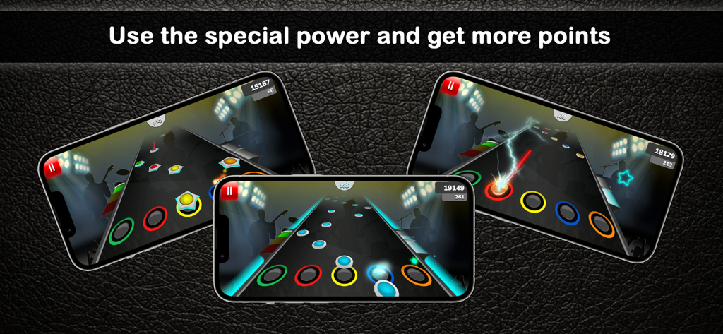 Three iPhones showing Guitar Flash rhythm gameplay with special power effects and note sequences