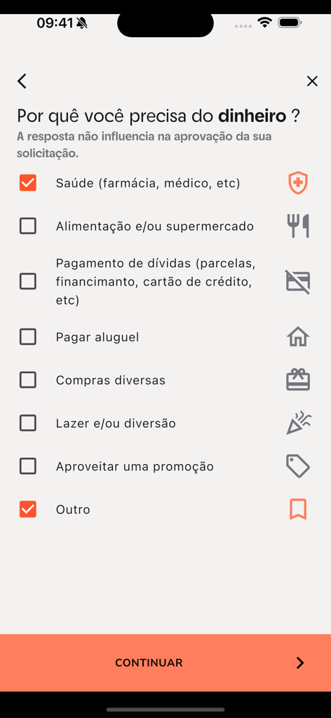 Una pantalla de aplicación móvil preguntando el propósito del préstamo con opciones de selección múltiple como salud, comida y alquiler.