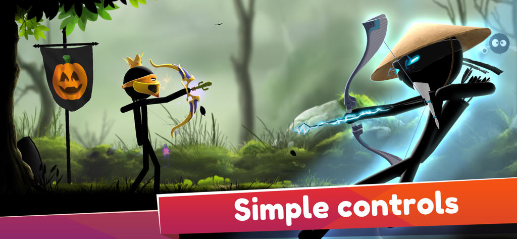 Archers Online: PvP - Two stickman archers in a shadow fight duel within a misty forest background
