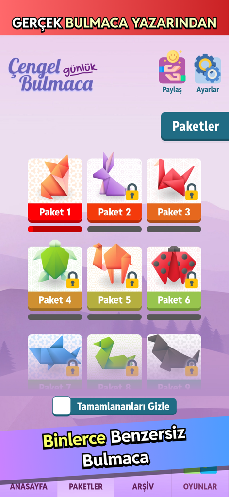Çengel Bulmaca - Günlük - Interfaccia dell'app Cengel Bulmaca che mostra diversi pacchetti di cruciverba rappresentati da icone di animali origami.