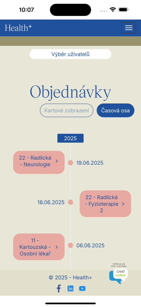 Interfaz de la aplicación HealthPlus que muestra una línea de tiempo cronológica de las próximas citas médicas, incluyendo neurología y fisioterapia.