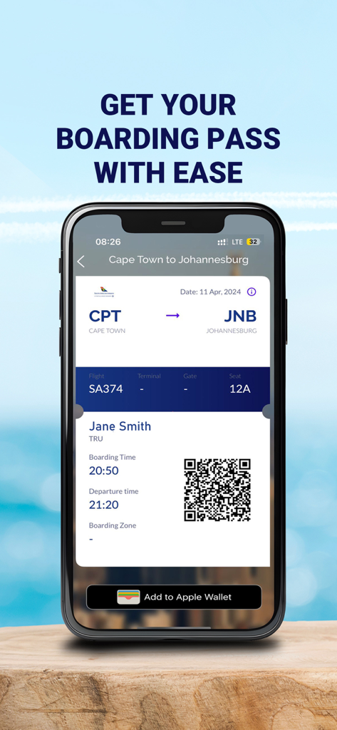 South African Airways - Digital boarding pass for South African Airways on a smartphone screen.