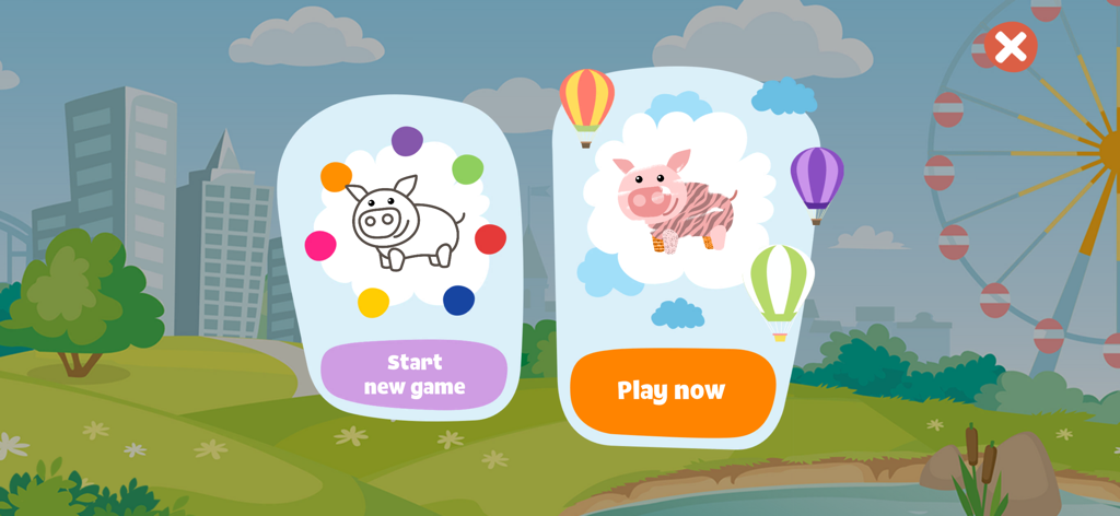 Kidify: Kids Color, Play, Talk - Main menu screen for Kidify app showing start new game and play now options with cartoon pigs