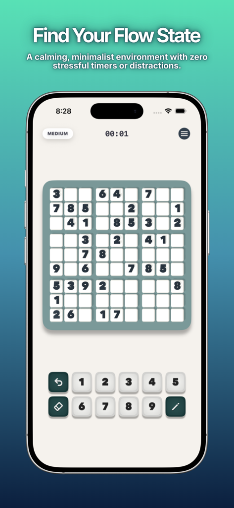 Sudoku Aura: No Ads Game - A minimalist Sudoku game interface on an iPhone with a clean 3D board and calming design