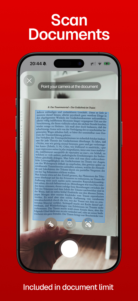 Interface do aplicativo de smartphone digitalizando uma página de livro com detecção automática de bordas