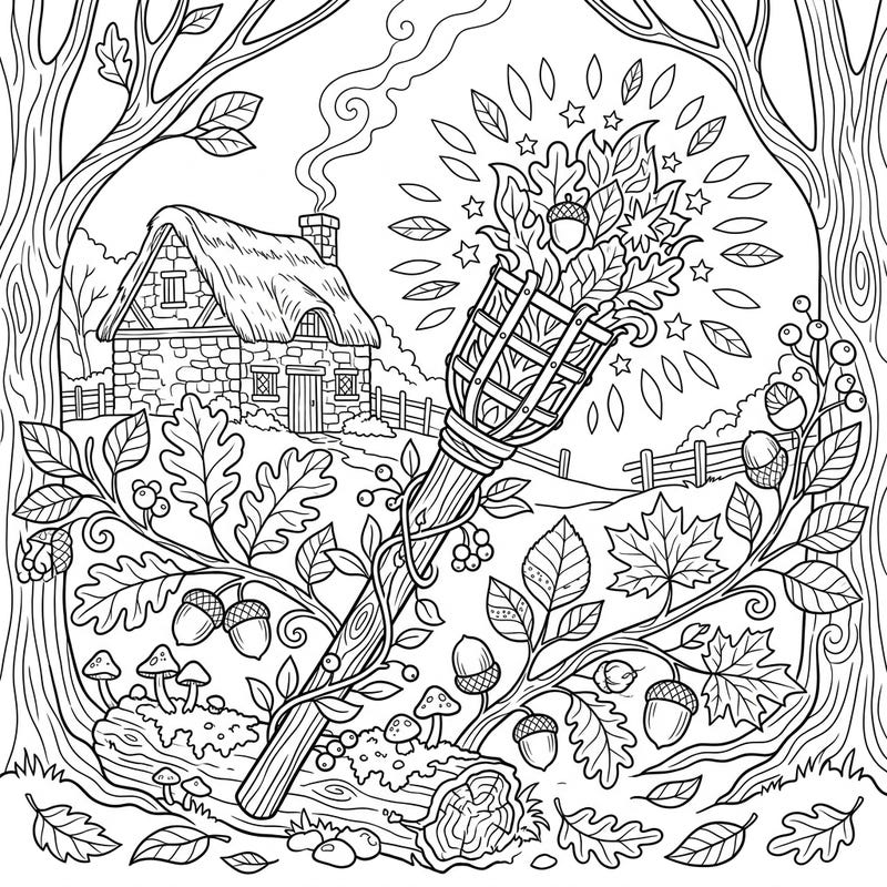 Embrace the warmth of autumn with this charming Cottagecore torch coloring page, perfect for a cozy creative escape. Discover a rustic scene filled with fall leaves, acorns, and a quaint cottage, ready for your artistic touch.