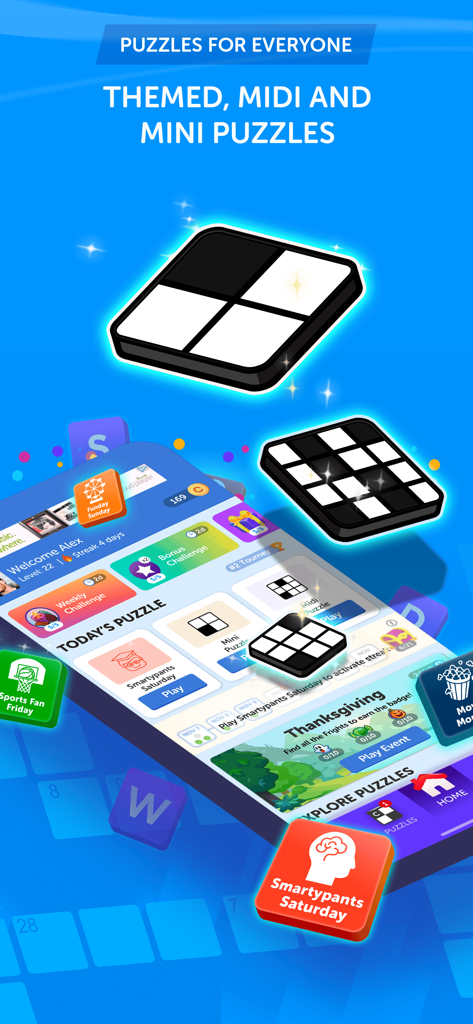 A mobile screen for Crosswords With Friends showcasing daily themed mini and midi crossword puzzles.