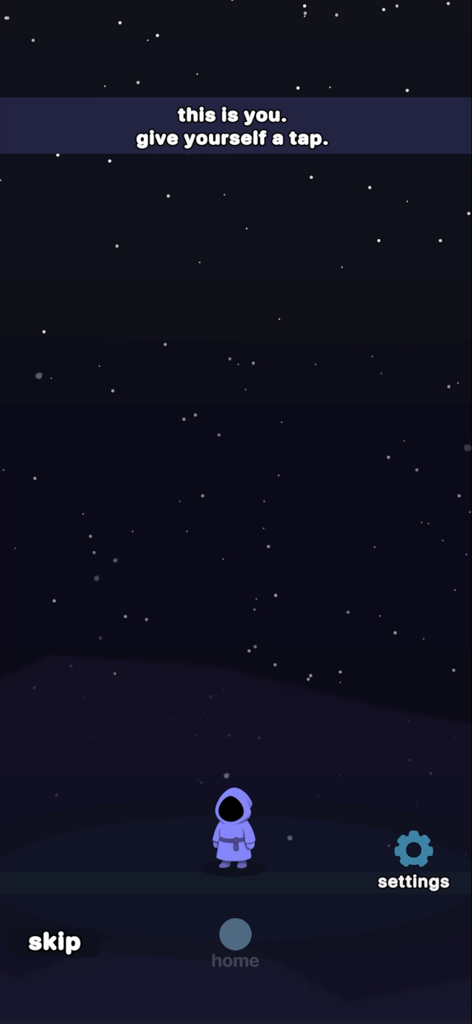 cozy cult - A small hooded character in a purple robe standing under a starry night sky with tutorial text saying this is you give yourself a tap.