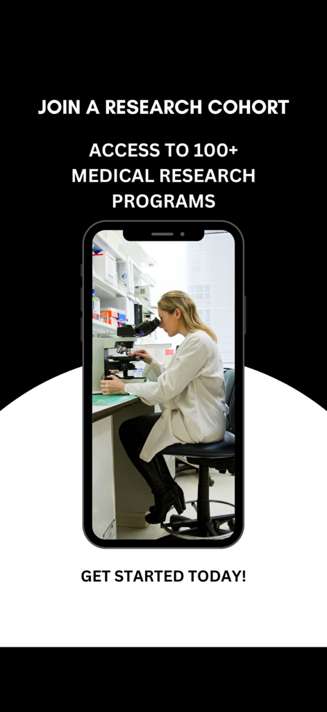 Z-Score™ - Ein Handybildschirm, der einen Wissenschaftler in einem Labor mit Text zeigt, der Benutzer zur Teilnahme an medizinischen Forschungskohorten einlädt.
