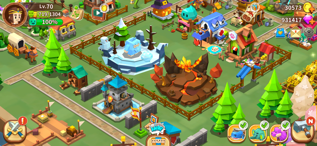 Vista general de una ciudad vibrante en FantasyTown con varios edificios y decoraciones de temática fantástica