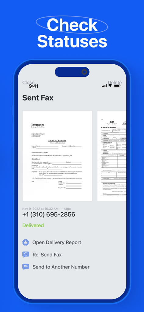 Captura de pantalla del iPhone de la aplicación Fax It que muestra un fax enviado con estado de entregado y opciones de informe de entrega
