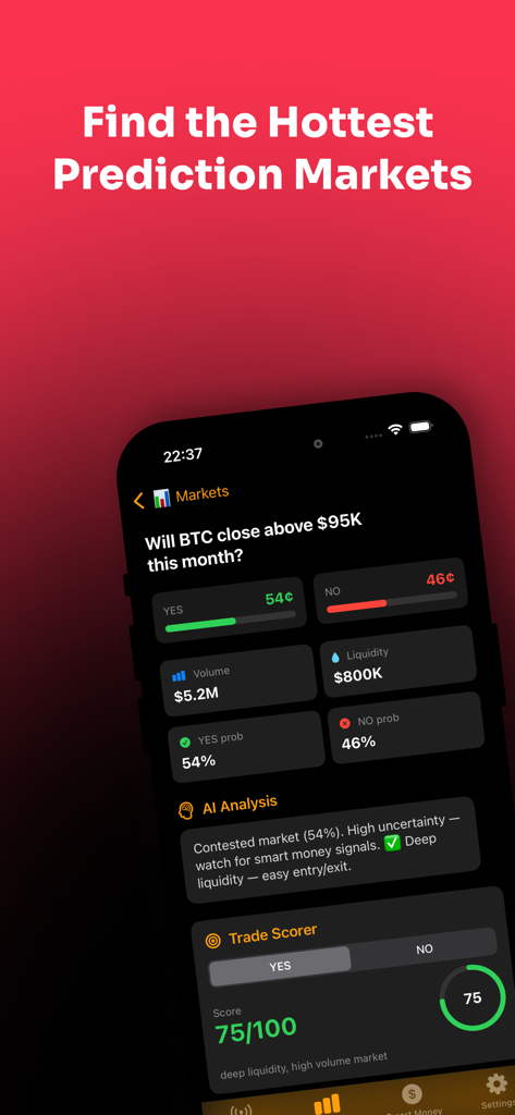PolymarketSignals app displaying AI trade signals and prediction market data for Bitcoin