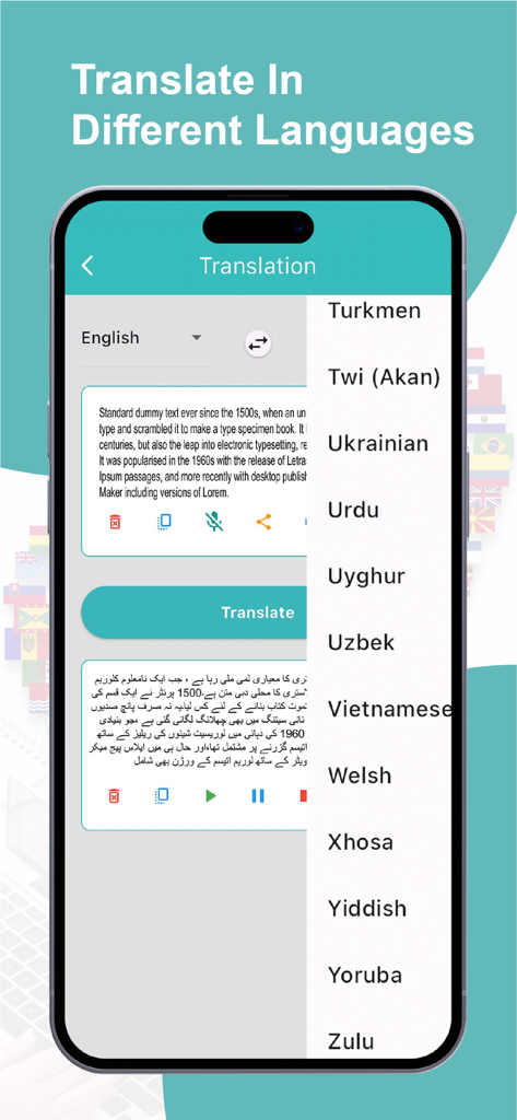 Type & Pronounce Spell Checker - Mobile app interface showing text translation with a list of various supported global languages.