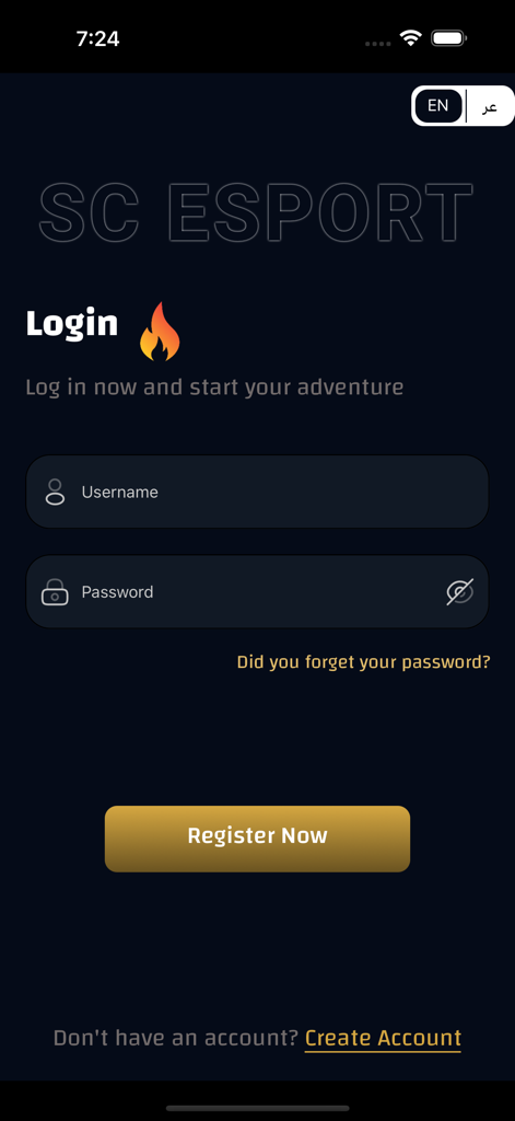 SC ESport - The login page of the SC ESport app showing username and password fields.