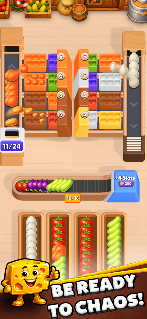 Farm Loop: Harvest Puzzle - Farm Loop Harvest Puzzleのスクリーンショット。コンベアベルトと笑顔のチーズキャラクターがクレートに整理されたカラフルな農産物が表示されています。