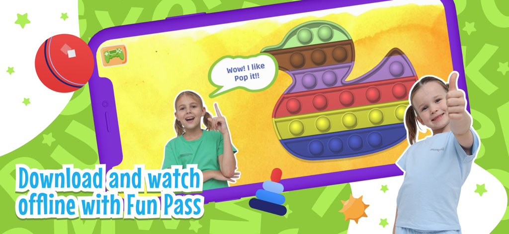 Vania Mania Kids Games & Video - Vania Mania Kids app interface promoting offline video watching for children with a fun pop it toy