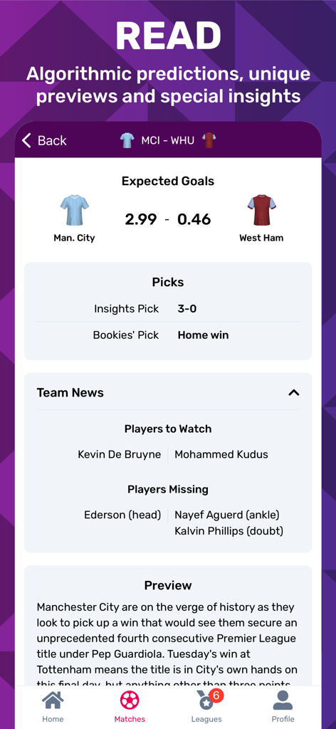 Superbru Football - Detailed soccer match analysis with algorithmic predictions and team news on the Superbru Football app.