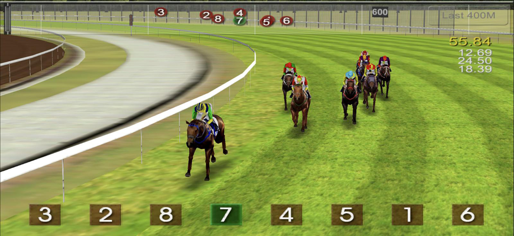 iHorse Racing: horse race game - Horses and jockeys competing in a professional race on a turf track in the iHorse Racing simulator.