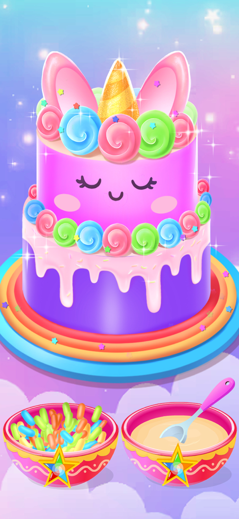 Unicorn Cooking Girl Games App - A two-tier magical unicorn cake with a golden horn pink ears and colorful frosting swirls in a kids cooking game