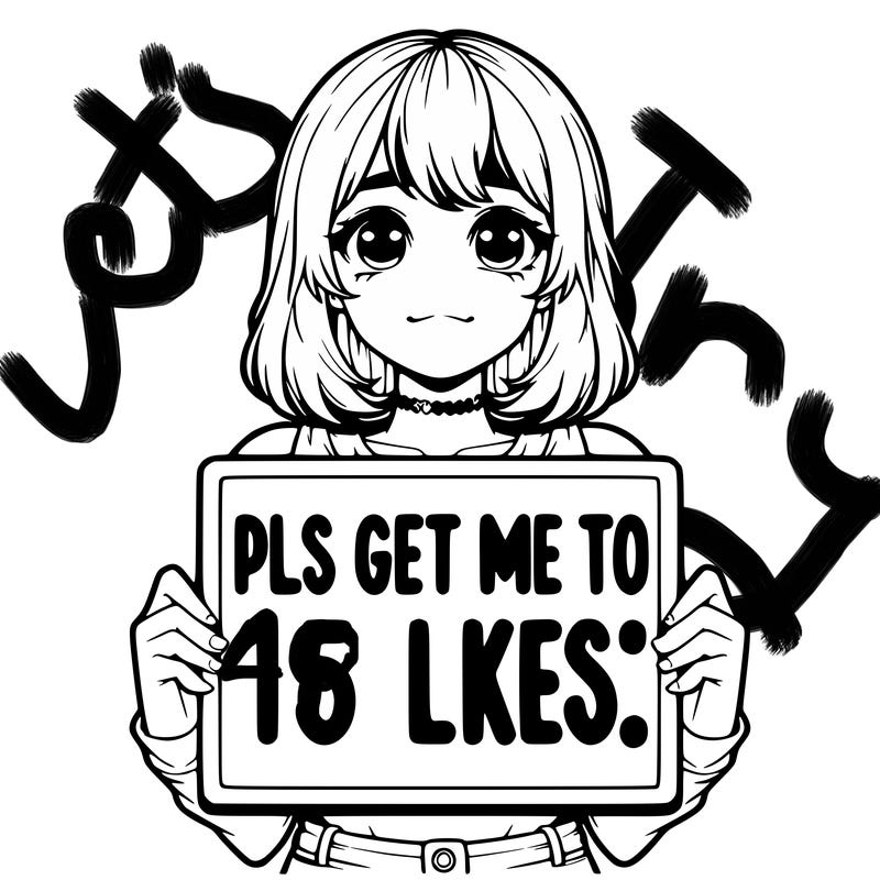 realistic girl holding up a sign that says “pls get me to 15 likes!”