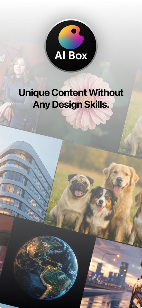 AI Box - Video Generation - La aplicación AI Box muestra diversas imágenes generadas por IA y texto promocional sobre la creación de contenido único sin habilidades de diseño