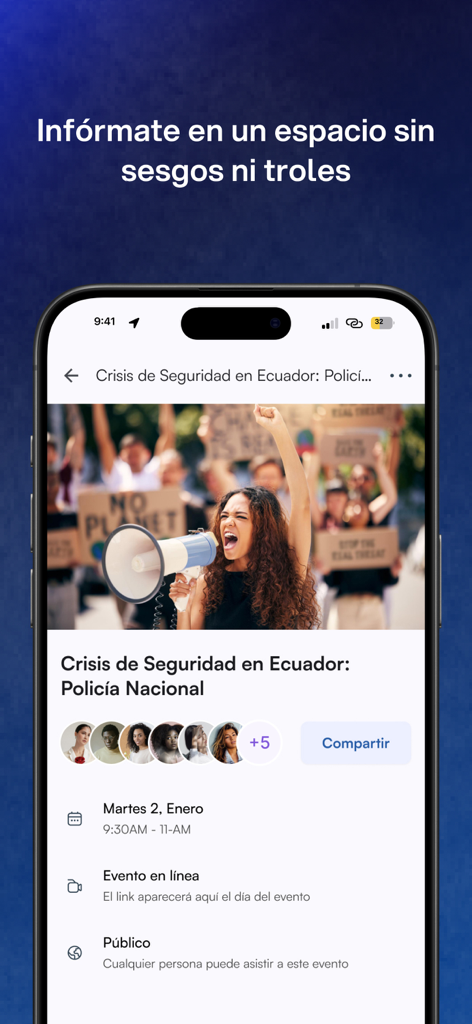 Transforma. - Page de détail d'un événement politique dans l'application Transforma concernant la crise sécuritaire en Équateur.