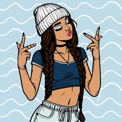 realistic teenage girl with braids and a beanie and crop top doing 🫶🏼