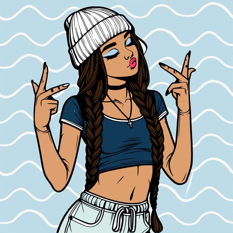 realistic teenage girl with braids and a beanie and crop top doing 🫶🏼
