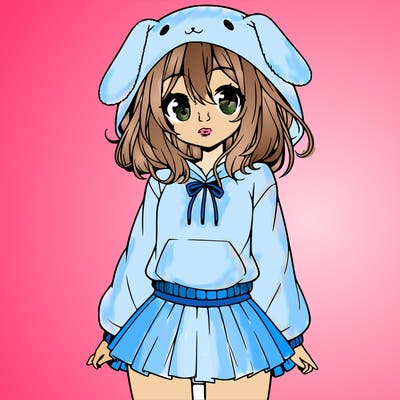 pretty anime girl wearing a fluffy hoodie with bunny ears on the hood and a skirt