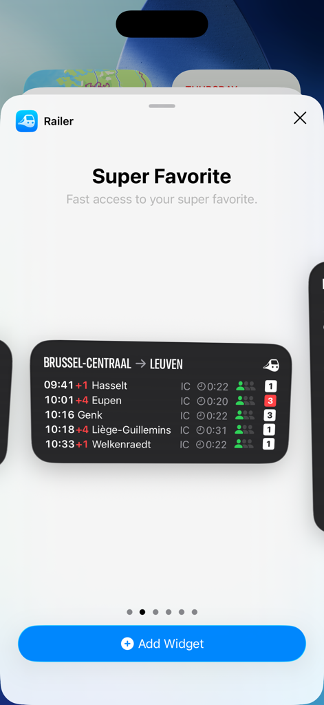 Railer – Train timetable - Interface de l'application Railer affichant un widget d'horaires de train pour les départs en direct de Bruxelles à Louvain