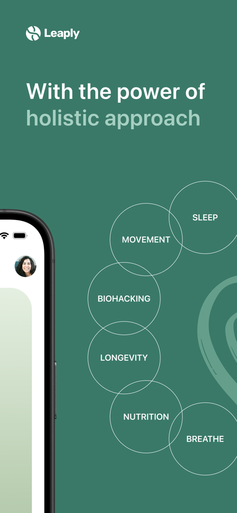 Leaply app marketing screen showcasing holistic lifestyle pillars including sleep movement nutrition and longevity