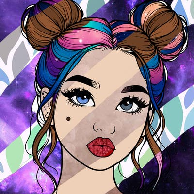 realistic girl with two buns on her hair and lips