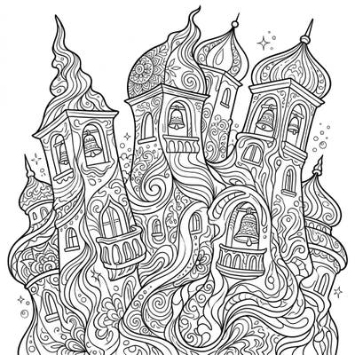 Embark on a unique artistic journey with this captivating coloring page showcasing bell towers twisted into a mesmerizing psychedelic design. This intricate illustration promises a challenging yet rewarding experience for those who love detailed and surreal art.