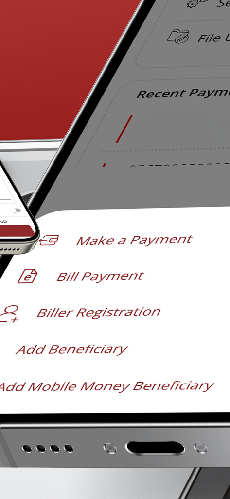 Equity Online for Business - Mobile interface of the Equity Online for Business app showing payment and beneficiary management options including bill payment and adding mobile money beneficiaries.