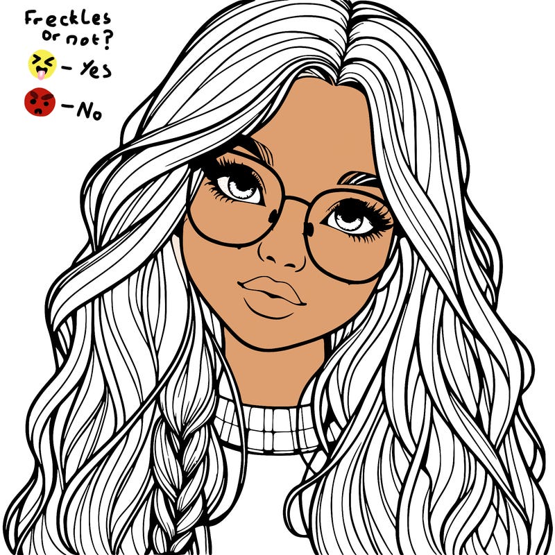 girl with long hair and freckles and glasses realistic