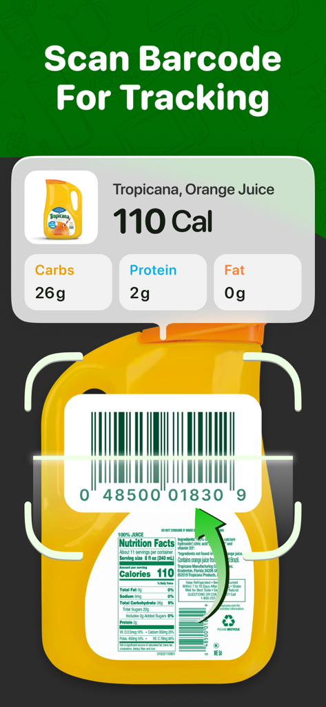 Calo app barcode scanner identifying calories and macronutrients for an orange juice bottle