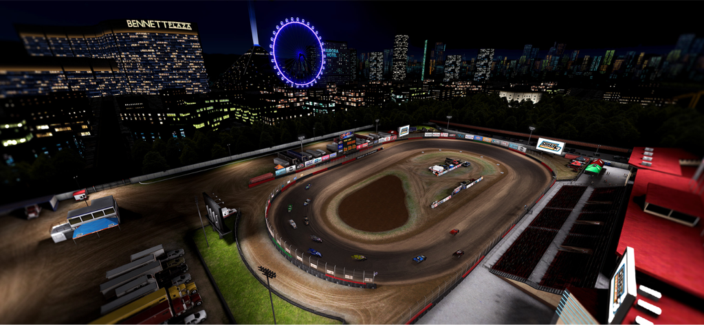 Dirt Trackin 3 - Aerial view of a dirt racing oval at night with a city skyline and ferris wheel background