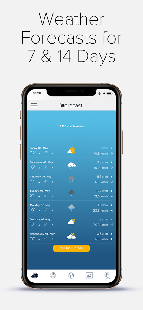 MORECAST Weather App - Morecast weather app showing a detailed seven day forecast for planning