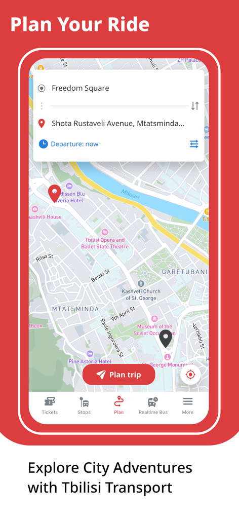 Tiflis Transport App-Oberfläche, die die Routenplanungsfunktion mit einer Karte von Tiflis zeigt.