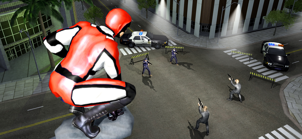 Spider Super Rope Hero Fighter - Superhéroe observando a la policía en una calle de la ciudad