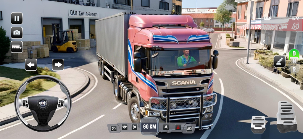 Depot Truck Simulator Games 3D - Un camión cisterna rosa con un remolque plateado conduciendo por una calle de la ciudad en Depot Truck Simulator Games 3D